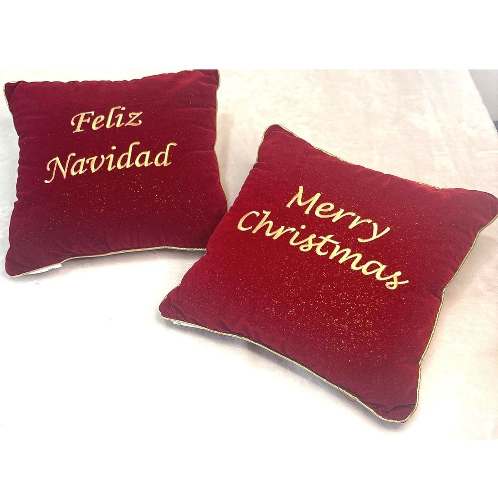Set of 2 Merry Christmas Feliz Navidad Red Velvet Gold Glitter Throw Pillows